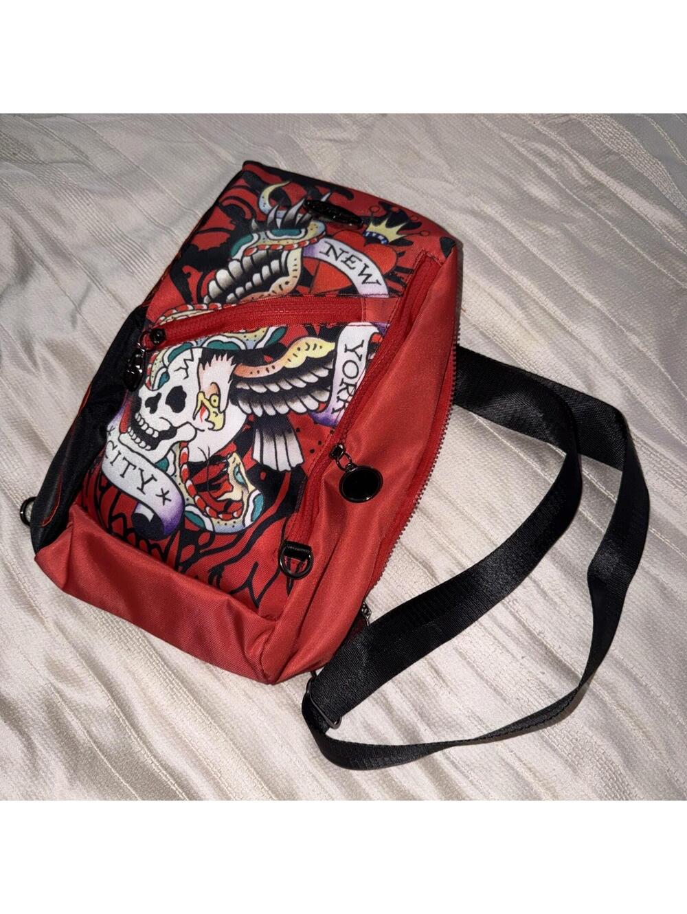 Ed Hardy Red Sling Crossbody Backpack Eagle Skull Snake Y2K Grunge NWT